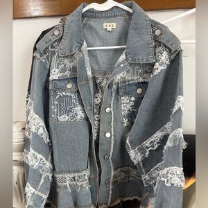 POL Blue Denim Jacket with White Lace Accents